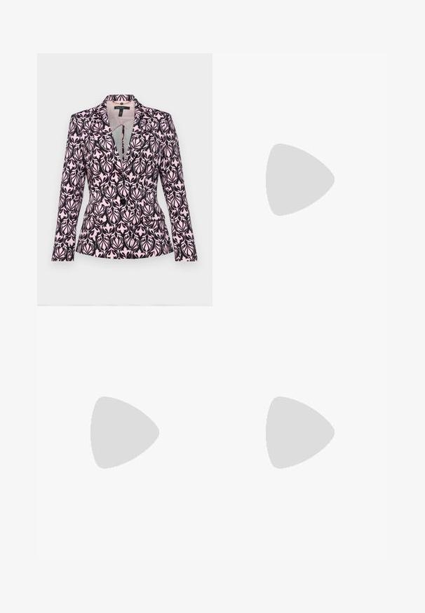 Blazer with a dark purple and pale pink leaf pattern, featuring a notch lapel, two front pockets, and a fitted silhouette.; Floral patterned dress made of sheer fabric with beige flowers on gray dotted background; black pleated short sleeves add texture.; Black high-heeled sandals feature thin straps with a knotted design, a smooth square toe, and a sleek stiletto heel.; Silver metal earrings with a smooth, teardrop shape and a polished finish. Subtle engravings add detail. Minimalist design.