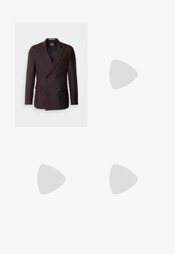 Kaksirida tumesinise burgundia värvi bleiser, millel on kerge ruuduline muster, teravad kraed, kaks esist taskut ja mustad nupukesed.; BOSS TEE - Lihtne T-särk - open white; Mustad püksid siledast kangast, millel on luku suletava ja nööbi sulgemisega ning keeratud sääred, andes neile lihtsa disaini.; Valged tennisesid, millel on võrgust ja sünteetilisest materjalist ülemine osa, ümar varvas, lamedad paelad ja tekstureeritud külgmine triip. Kummist tallaosa, tagaküljel tõmbetab.