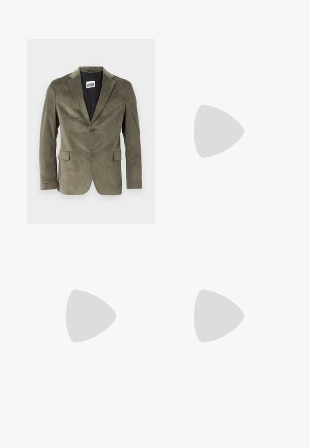 DRYKORN YAMES - Bleiserjakk - green; Valge pikkade varrukatega nööpidega särk, mis on valmistatud puuvillast, klassikalise krae, eest nööpide ja minimaalsete õmblusdetailidega.; Tumed sinine püksid, mis on valmistatud tekstuuriga kangast, sirgete jalgega, tasase esiosa ja kahe küljetaskuga. Ilma nähtavate mustrite või aksessuaarideta.; Musta nahast kleitking, kus on kaks pandlat, voolava silueti ja ümarate varvastega. Omab madalat kontsa ja siledat tekstuuri.