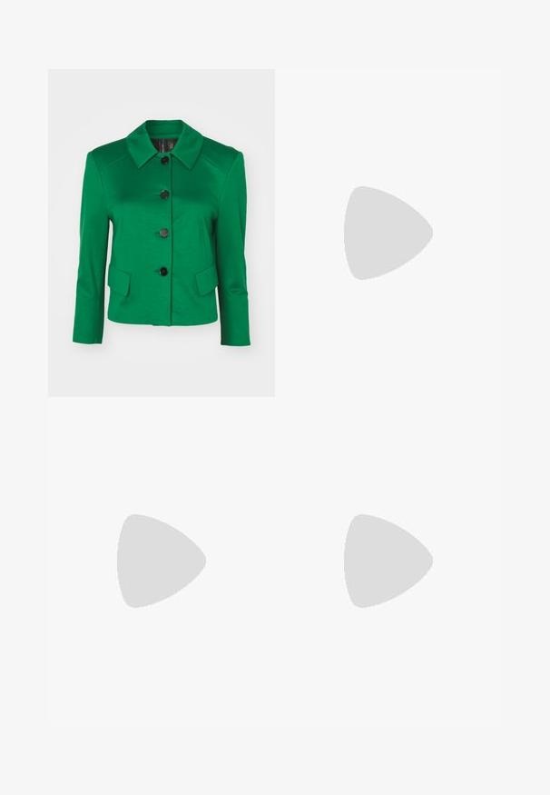 Green jacket made from smooth fabric, featuring a pointed collar, black buttons, and two front pockets. Tailored fit with three-quarter sleeves.; Black zip-up hoodie in soft cotton blend, featuring a hood, front pockets, and silver hardware. Calvin Klein logo stitched on the chest.; White short-sleeve t-shirt made of cotton. Features a round neckline and a smooth texture, with minimal stitching visible at the hem.; Dark blue wide-leg jeans in denim fabric with a high waist, featuring orange stitching, five-pocket design, and a button closure.; White low-top sneaker with black heel tab, platform sole, laces, and Calvin Klein "CK" logo on the side.