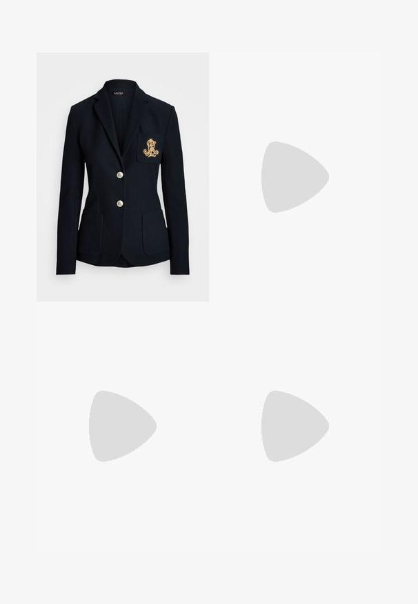 Navy blazer with a tailored fit, gold buttons, two front pockets, and an embroidered logo on the left chest pocket. Textured fabric.; White cotton T-shirt with short sleeves, round neck, fitted design, and smooth texture. Logo tag at neckline.; Wide-leg denim jeans in dark blue. Features a high waist, button closure, and classic five-pocket design. Smooth texture with subtle fading.; Navy blue, patent leather high heel shoe with a pointed toe and a small, slim heel. Features a quilted texture and no visible hardware accents.
