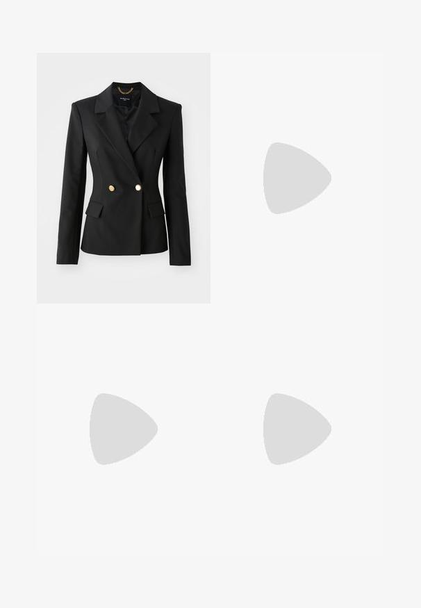 Blazer noir au design ajusté, à double boutonnage à l'avant, avec des boutons dorés et des revers notched. Tissu texturé avec deux poches avant.; Robe noire à double boutonnage avec des manches courtes, revers de châle blanc et boutons noirs. Coupe ajustée avec un design structuré.; T-shirt noir en coton avec des manches courtes roulées, un col rond et une étiquette rouge. Texture lisse, forme ajustée avec un minimum de détails.; Chaussure à talons hauts en cuir noir avec un bout pointu, une bride de cheville et un talon fin. Texture lisse avec un accent doré à la base du talon.