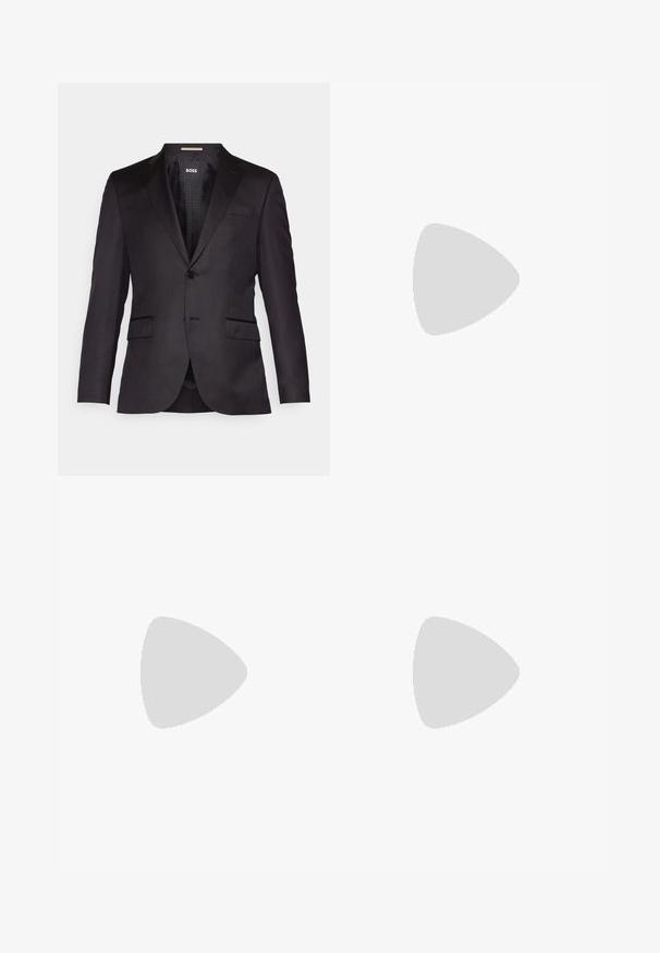 Black tailored suit jacket with a single button closure, notched lapels, two front pockets, and a smooth texture. Lined interior with brand label.; White and black long-sleeve shirts with pointed collars, front buttons, and a smooth fabric texture. Labels visible on the inside neck.; Navy blue trousers with a tailored fit, featuring a smooth texture, sharp creases, and a flat front design. Concealed zipper fly closure.; Black leather dress shoe with a smooth finish, lace-up design, rounded toe, and subtle stitching details. Features a black rubber sole.
