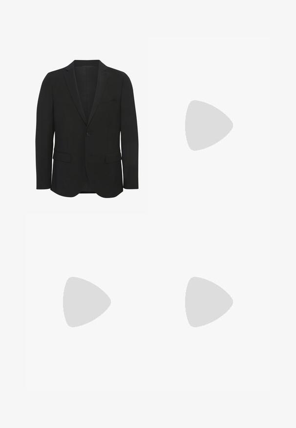 Black blazer made of smooth fabric. Features peaked lapels, single button closure, two front pockets, and a slim fit design.; White short-sleeve t-shirt made of cotton with a crew neck. Features subtle embossed logo detail on the front and a red label at the hem.; Blue denim wide-leg jeans with attached belt, front pockets, and visible stitching on a plain light background.; High-top sneakers in white canvas with a textured surface, featuring white eyelets and a rubber sole. Simple design with contrast stitching.