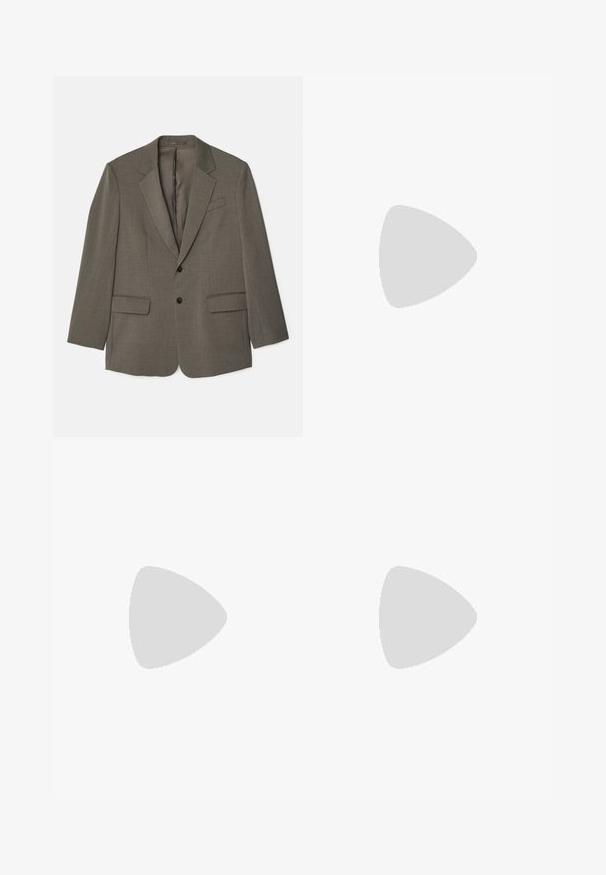 Filippa K DAVINA - Blazer - driftwood; White short-sleeve t-shirt made of ribbed fabric. Round neckline, regular fit, and subtle stitching details. No patterns or graphics.; Navy blue trousers made of smooth fabric, featuring a straight leg design with front pleats and side pockets for a tailored look.; Black leather ballet flat with a rounded toe, smooth texture, minimal stitching detail, and a flexible sole design.