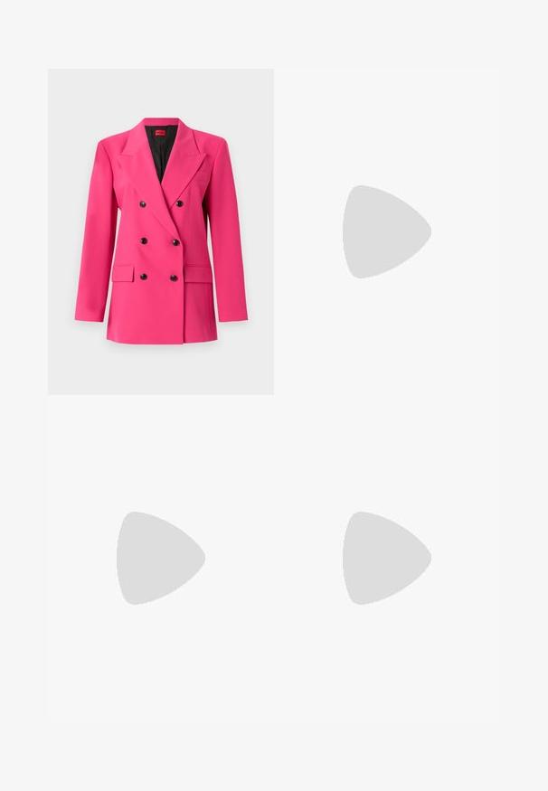 Double-breasted pink blazer made of textured fabric. Features black buttons, notched lapels, and two front pockets. Interior is black.; Black cotton t-shirt with short rolled sleeves, a round neckline, and a red label. Smooth texture, fitted shape with minimal detailing.; Pink tailored trousers with a straight leg design, featuring a smooth texture and sharp creases at the front.; Black leather high-heeled shoe with pointed toe, ankle strap, and a thin heel. Smooth texture with a gold accent on the heel base.