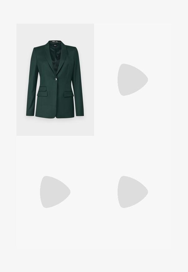 BOSS JUICY LARA - Blazer - open green; Black short-sleeve T-shirt with a wide neckline. Made of soft, lightweight fabric. Simple design with no patterns or accents.; Black wide-leg trousers with high waist, button details on waistband, and front pleats.; Black patent leather ankle boot with a pointed toe and a mid-height block heel. Smooth texture and minimalist design.