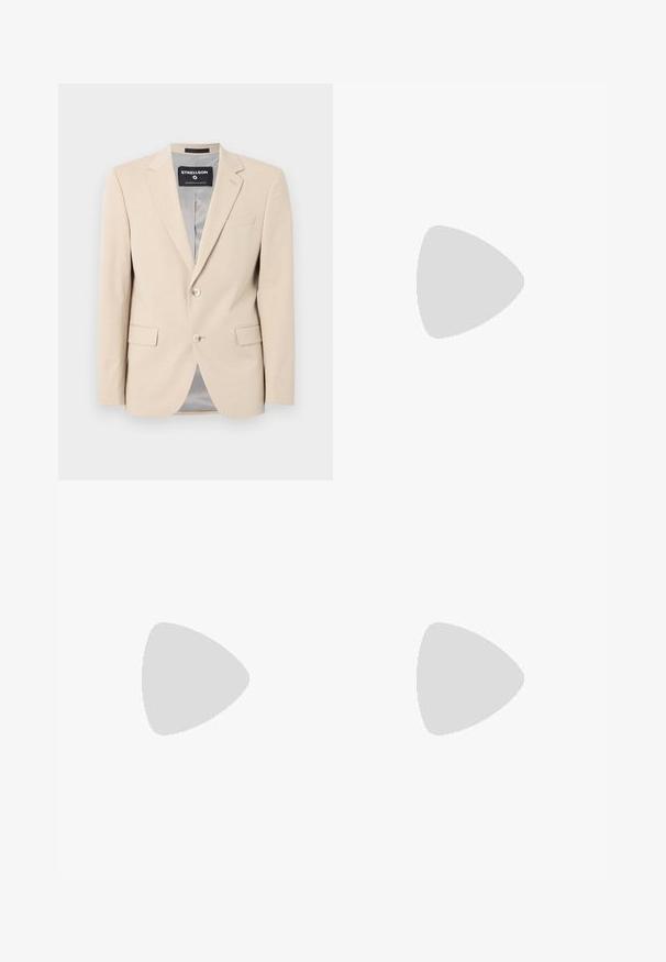 Beež ülikondjakk pehme kangaga, kahe esipocketiga, sooniklapid, ühe nupu sulgemine ja sile hall vooder.; Kaks pikkade varrukatega T-särki: üks valge ja teine tumehall. Mõlemal on ümar kaelus ja sile, pehme tekstuur.; Mustad kohandatud püksid lamedate esipooltega, tavaline lõige, valmistatud sileda kangaga, sisaldavad pressitud voldid ja küljetaskud.; Must haveate nahkking punased, millel on sile viimistlus, tikitud muster ja dekoratiivne metallkett vampi üle. Tasane konts.