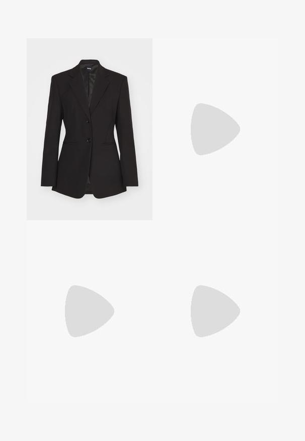 Black tailored women's blazer with two buttons, notched lapels, and two front pockets, displayed on a white background.; Black cotton t-shirt with a crew neckline, short sleeves, and an embroidered logo on the chest. Simple, relaxed fit with no patterns.; Black tailored trousers with a straight-leg design, featuring a smooth texture and crisp creases along the front. No visible hardware.; Black leather slingback heels with a pointed toe, featuring a slim heel and a gold-tone accent on the adjustable strap. Smooth texture.