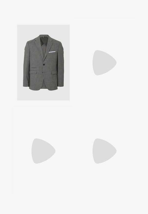 Grijze blazer van getextureerde stof, met een enkele knoopsluiting, notch revers en een witte zakdoek als accent. Twee voorzakken.; Wit katoenen t-shirt met lange mouwen, ronde hals en geribbelde manchetten. Eenvoudig, onopgesmukt ontwerp met een gladde textuur en een standaard pasvorm.; Lichtblauwe denim cargobroek heeft een grote zijzak, subtiele stiksels en een relaxte pasvorm met een iets gestructureerde afwerking.; Witte sportieve schoenen met een gestructureerde gebreide bovenkant, platte veters en een gevoerde zool met zichtbare luchtkamers voor extra ondersteuning.