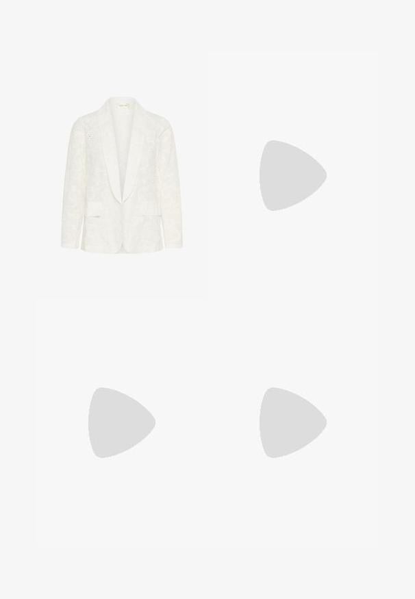 Valge bleiser tekstureeritud lillemustriga, millel on šaalikaelus, kaks eesmist taskut ja keerukad lõikepinnad.; Kreemjas ja tumesinises triibuline lühikeste varrukatega top, millel on ümmargune kaelus ja kastmine disain, valmistatud tekstuurses kangas.; Polo Ralph Lauren HEMP WIDE LEG PANT - Püksid - nevis; Tumesinane lõuendist kiilkingad, millel on espadrilli köitest väljastatud tald ja kreemivärvi paelad ankle. Suletud kand ja ümar varvas.