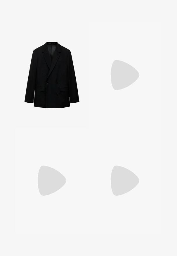 Black double-breasted blazer made from smooth fabric. Features notched lapels, two front pockets, and button closure. Tailored fit.; White long-sleeve shirt in textured fabric, featuring a button-up front, classic collar, and cuffs. Subtle grid pattern throughout.; Black, wide-leg pants made from a lightweight fabric. Features an elastic waistband and a smooth texture. No visible patterns or hardware.; Black leather lace-up shoe with a smooth finish, rounded toe, and a low profile rubber sole. Minimalist design with no additional embellishments.