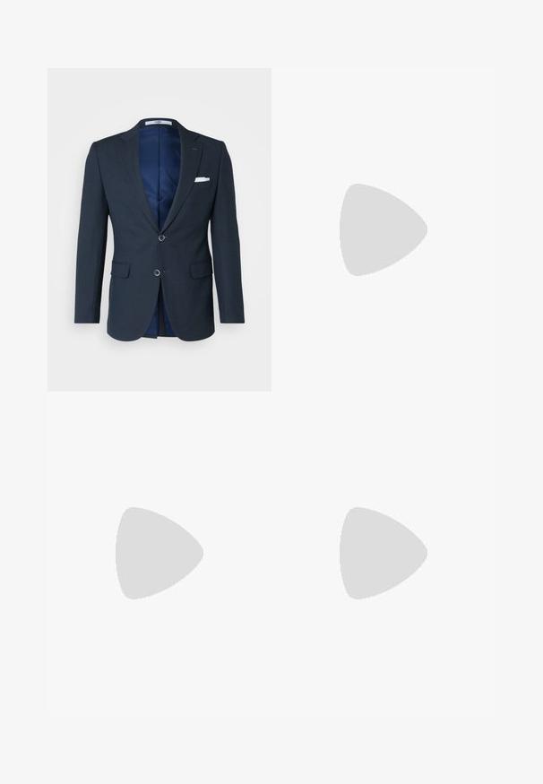Navy blazer with a textured finish, two buttons, notch lapels, and two front pockets; features a blue inner lining and a white pocket square.; Dark navy turtleneck sweater made of fine knit fabric, featuring long sleeves and a fitted, high neckline. No visible patterns or accents.; Dark blue denim jeans with a straight-leg cut, featuring a zip fly, metal buttons, and copper rivet accents. Smooth texture, no visible patterns.; Black leather shoes with a rounded toe, lace-up design, and a thick, textured rubber sole. Features stitching along the edge and a smooth finish.