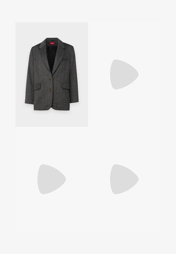Hall sinine kalasaba bleiser kahe eesmine taskuga ja kuldsete nööpide aksessuaaridega. Nurgelised kraed ja must vooder täiendavad struktureeritud disaini.; Hall grey turtleneck särk, mis on valmistatud pehmest kudumist, ribatud varruka- ja alumise servaga. Omab lõdva istuvust ja struktureeritud kaelust.; Valge nööpidega särk, mis on valmistatud siledast puuvillast, klassikalise kraega, sirge ääre ja beežide nööpidega esiosas.; Laiad hallid teksad, millel on kinnitusnööp ja esikotid. Kangas on veidi tekstureeritud ja hallitusseened.; Tumed sinised sportijalatsid, mis on valmistatud samet- ja võrgumaterjalidest, millel on kummist talla, paeltega kinnitussüsteem ja kuldse logo aktsent.; Mustad mustad prillid tumedate läätsedega ja läikiva plastraamiga. Omab kuldset logo põlveosal, pakkudes stiilset ja kaasaegset disaini.; Hallitusseened tekstuuriga hall käekott, millel on pehme käepide, võrka mustrid, reguleeritav rihm ja eesmine klamber. Kompaktne disain ümmarguse kujuga.