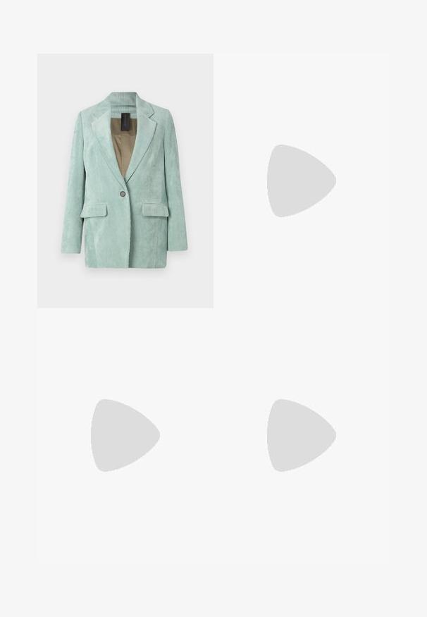 Light green corduroy blazer with a notched lapel, two front pockets, single button closure, and soft textured finish.; White short-sleeve t-shirt made of cotton with a crew neck design. Smooth texture and straight cut, no patterns or accents.; Black trousers with a straight fit, featuring double pleats, a smooth texture, and a classic waistband design. No visible hardware or accents.; Black leather ankle boot with a pointed toe, small heel, and metallic accent detail on the toe. Smooth, matte texture throughout.