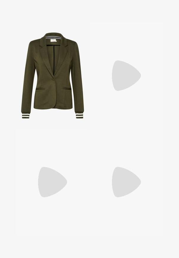 Olive green blazer with a structured design, single button closure, two front pockets, and striped accents on the cuffs.; White long-sleeve shirt with a classic collar, button-down front, and smooth cotton fabric. Minimalist design, no patterns or accents.; Gray flared trousers made of textured fabric, featuring a two-button closure and belt loops, paired with shiny silver sneakers.; Black ankle boot made of smooth leather. Features a square toe, elasticated top, and a chunky heel for stability. Minimalist design.