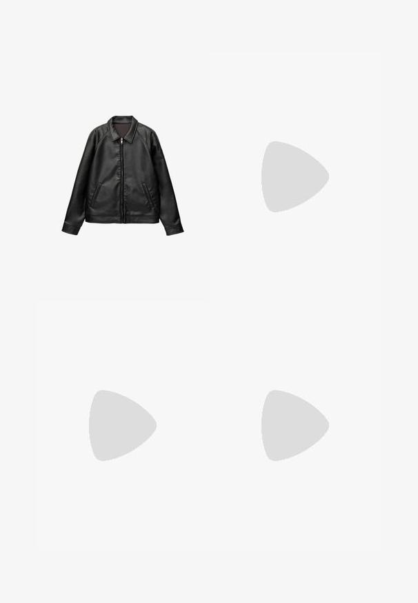 Zwarte leren jack met een kraag, een rits aan de voorkant en twee zijzakken. Heeft een gladde textuur en een casual silhouet.; Beige oversized katoenen t-shirt met een ronde hals en korte, verlaagde mouwen. Gladde textuur, minimalistisch ontwerp, geen patronen of accenten.; Zwarte, wijde broeken met een hoge, elastische tailleband, voorzien van twee zijzakken en geplooide details aan de voorkant. Soepele stoftextuur.; Zwarte sneakers met een gestructureerde bovenkant, voorzien van veters, mesh-details voor ademend vermogen, een gevoerd kraagje en een stevige zool.