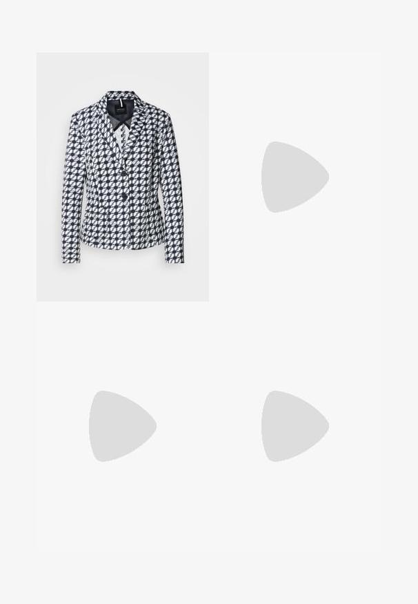 Navy and white patterned blazer with a fitted design, notched lapels, and two buttons. Features side pockets and a smooth lining.; White short-sleeve t-shirt made of cotton. Features a round neckline and a smooth texture, with minimal stitching visible at the hem.; Light blue denim wide-leg jeans with a high waistband, featuring five pockets, belt loops, and a subtle fade effect towards the hem.; White and beige sneaker featuring a smooth upper with suede accents, a textured sole, and tonal stitching. Lace-up closure with logo detail.; Silver metal earrings featuring rounded shapes, with a polished finish and subtle engravings of the brand "BOSS" on the lower sections.