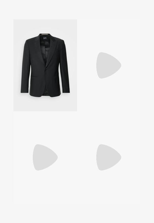 Zwarte blazer met één knop en satijnen revers, voorzien van kleine decoratieve studs, voorzakken en een "BOSS" label aan de binnenzijde van de kraag.; Zwarte hoodie met een gradient effect, voorzien van een voorzak, verstelbare trekkoorden in de capuchon en ribgebreide manchetten en onderrand. Zachte stoftextuur.; Zwarte denim shorts met een ontspannen pasvorm, voorzien van een klassieke vijf-pocket ontwerp en knoopsluiting, een gladde textuur en rechte pijpen.; Zwarte hardloopschoen met een mix van mesh en synthetische materialen, een stevige zool, gebogen ontwerp en prominente branding op de zijkant.
