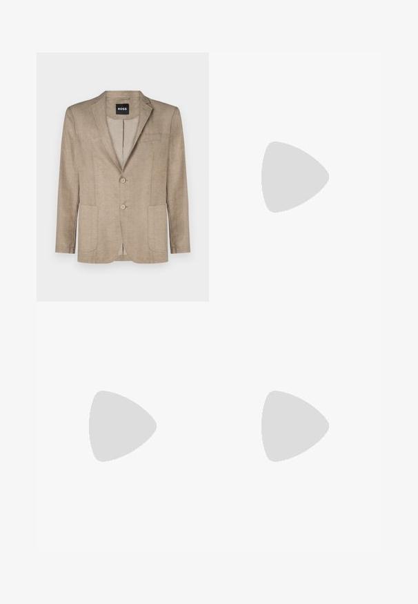 Beige blazer gemaakt van gestructureerde stof, met een enkele rij knopen, twee steekzakken aan de voorkant en een geknipt revers. BOSS-label binnenin.; Twee katoenen t-shirts in zwart en wit, met een ronde hals en een klein logo op de borst. Beide hebben korte mouwen en een recht model.; Zwarte joggingsbroek van zacht materiaal met een elastische tailleband, trekkoord en taps toelopende benen. Heeft een klein logo aan de zijkant.; Zwarte hardloopschoen met een gestructureerd oppervlak, lichtgrijze accenten en drie horizontale strepen in bruin. Voorzien van een witte, gevoerde zool.