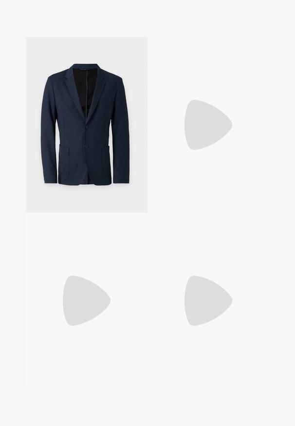 Navy blue blazer made of textured fabric, featuring a notched lapel, two buttons, and two front pockets. Open at the front.; Black long-sleeve shirt with a button-up front, classic collar, and rounded hem; features black buttons and a red logo inside the collar.; Navy blue trousers with a tailored fit, featuring a smooth texture, sharp creases, and a flat front design. Concealed zipper fly closure.; Black leather dress shoe with a smooth finish, lace-up design, rounded toe, and subtle stitching details. Features a black rubber sole.