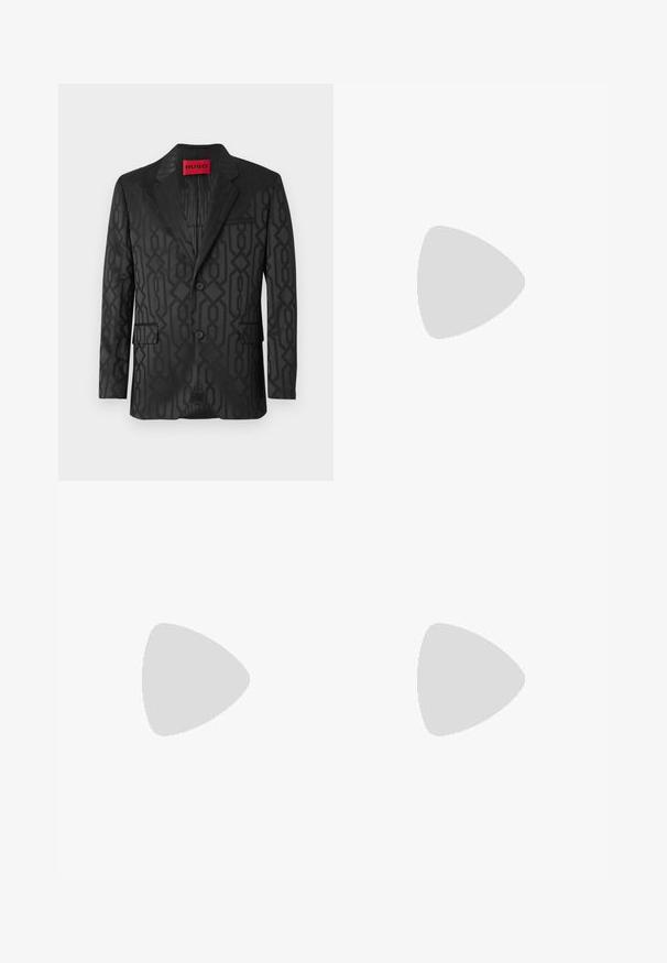 Melns piegriezts žakete ar ģeometrisku tumši pelēku rakstu, divām pogām, atloku ar izgriezumu un sarkanu "HUGO" etiķeti apkakles iekšpusē.; BOSS TEE - Pamata T-krekls - open white; Bežā krāsā auduma bikses ar taisnu kāju griezumu, pievienotām pogu aizdares un priekšējiem krokām papildu detaļām.; Melnas ādas augstas tenisa kurpes ar gludu apdari, baltu gumijas zoli un vienkāršu šņorēšanas dizainu. Aizmugurē ir vilkšanas cilpa.