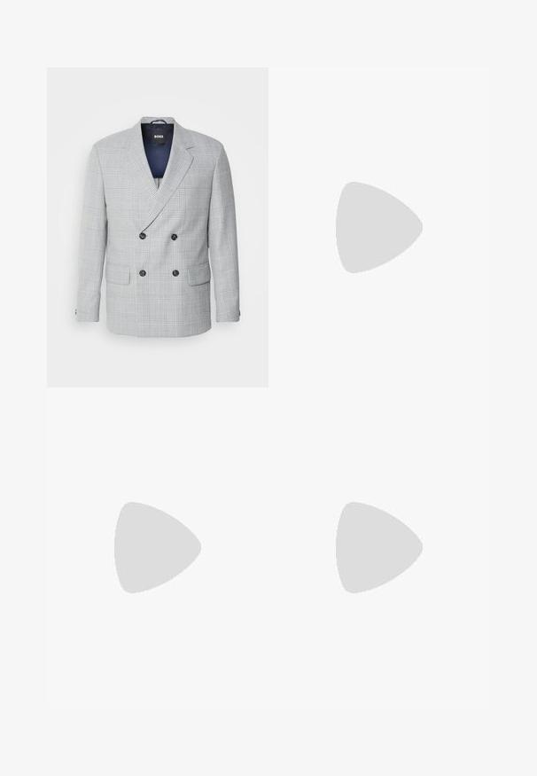 Double-breasted blazer in light gray fabric with a check pattern. Features notch lapels, two front pockets, and black buttons.; White long-sleeve button-up shirt made from cotton, featuring a classic collar, front buttons, and minimal stitching detail.; Beige tailored trousers with a textured fabric, featuring a zip fly, two front pockets, and a slim, straight-leg design.; Black leather loafers with a rounded toe, raised stitching detail on the vamp, and a flat rubber sole. Smooth texture, classic design.; Gold chain necklace worn over a cream ribbed knit sweater; soft texture with a high collar and a subtle pattern in the fabric.