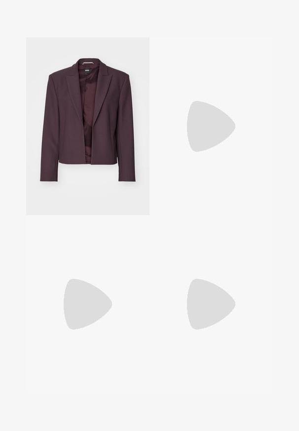 Dark purple blazer with a tailored design, featuring lapel collar, long sleeves, and single button closure. Smooth fabric texture.; White long-sleeve blouse with a textured, crinkled fabric. Features a high, ruffled collar and button closure. Wide puffed sleeves and cuffed wrists.; White, high-waisted wide-leg pants made of lightweight fabric. Features flat front, rear pockets, and a clean, simple design.; Brown suede knee-high boot with a pointed toe and 3-inch heel. Smooth texture, sleek silhouette, and minimalistic design.