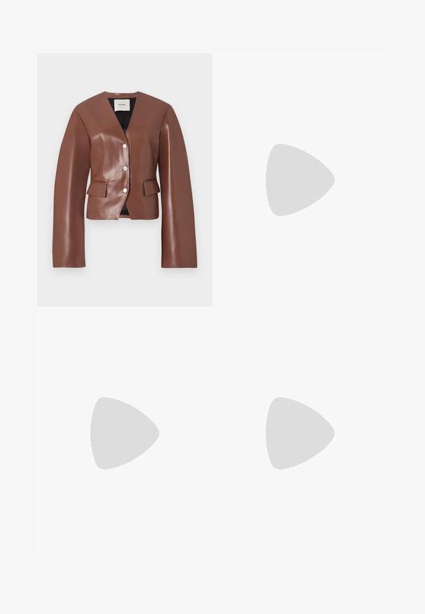 Brown faux leather blazer featuring a v-neckline, long sleeves, front button closure, and two front pockets. Smooth texture with slight shine.; Black short-sleeve t-shirt made of soft cotton. Classic round neck design with a simple, unembellished surface and a relaxed fit.; Black trousers made from smooth fabric featuring a high waist, wide legs, front pleats, and classic belt loops. No side pockets visible.; Stuart Weitzman EMILIA MARY JANE FLAT - Ankle strap ballet pumps - black