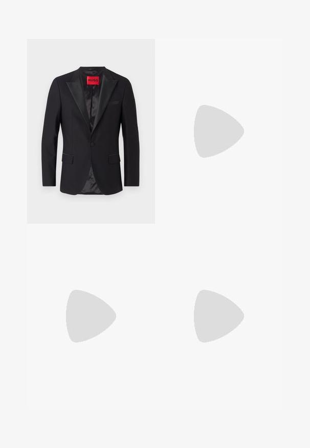 Black formal jacket with satin peak lapels, single button closure, two front pockets, and a smooth inner lining. Label features red "HUGO."; Black long-sleeve shirt with a button-up front, classic collar, and rounded hem; features black buttons and a red logo inside the collar.; Navy blue trousers with a tailored fit, featuring a smooth texture, sharp creases, and a flat front design. Concealed zipper fly closure.; Black leather dress shoe with a smooth finish, lace-up design, rounded toe, and subtle stitching details. Features a black rubber sole.