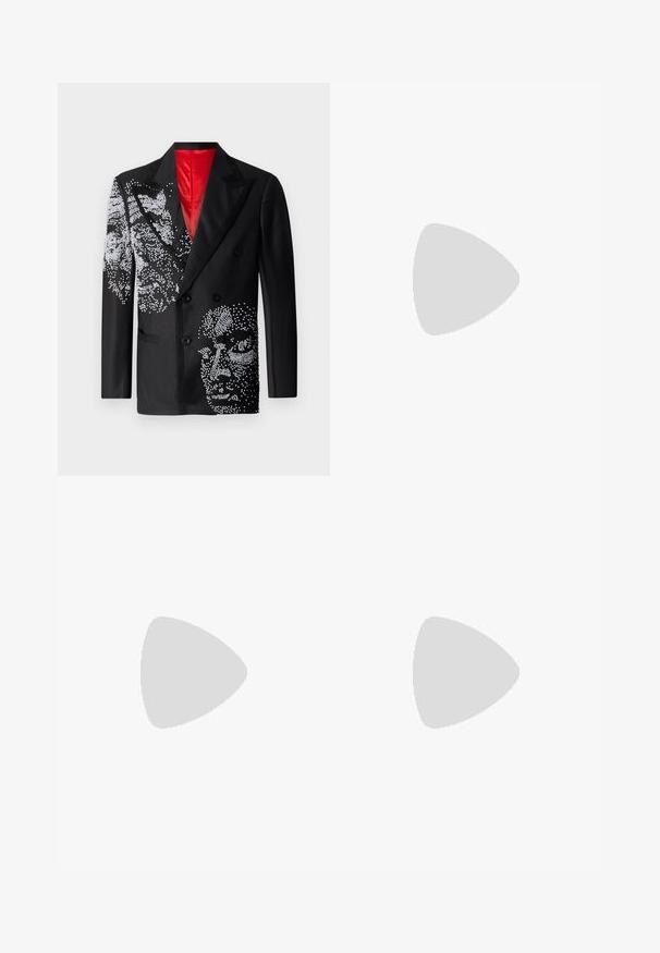 Kidsuper Blazer jacket - black; Black ribbed short-sleeve t-shirt with a round neck, featuring a relaxed fit and textured surface. Simple design; no graphics or accents.; Black cotton trousers with a relaxed fit, featuring a classic waistband, front pleats, and side pockets. Smooth texture without patterns.; Black leather loafer with chunky treaded sole and decorative strap across the upper, shown in left side profile on white background.