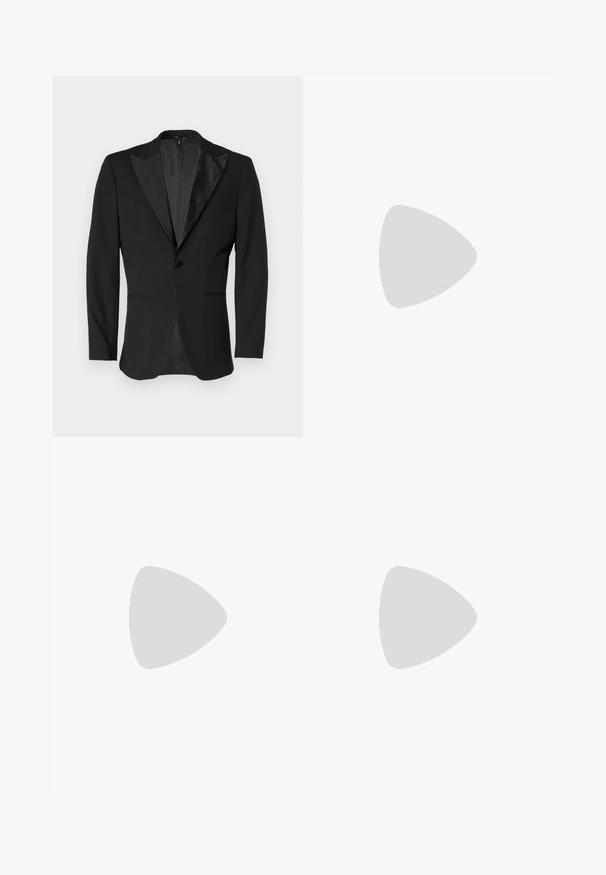Black tuxedo jacket with satin peak lapels, single button closure, two front pockets, and a vent at the back. Smooth texture.; Black hooded sweatshirt made from soft fabric, featuring a front pocket, ribbed cuffs, and a relaxed fit design.; Dark blue denim trousers with a wide leg, five-pocket design, and a button closure. Includes copper-tone hardware and subtle texture.; Black leather loafers with a smooth texture, rounded toe, and a decorative strap across the vamp. Low stacked heel, minimalist design.; Black rectangular sunglasses with dark lenses, thick plastic frame, gold accents on temples, and brand logo engraved on the arm.
