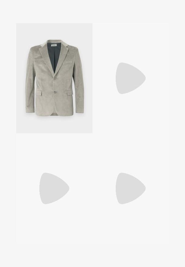 Vaaleanharmaa corduroy-takki, jossa on viistekaulus, kaksi nappia, kaksi etutaskua ja sileä vuori. Rakenteellinen kangas, jossa on pystyripoja.; Valkoinen lyhythihainen T-paita pyöreällä kaula-aukolla, jossa pieni Tommy Hilfiger -logo rinnassa ja kauluksen sisäpuolella punainen, valkoinen ja sininen koristereuna.; Valkoiset puuvillahousut suoralla lahkeella, etutaskuilla, yhdessä napilla suljettuna ja sileällä pinnalla.; Valkoiset matalat tennarit, joissa on sileä nahka. Ominaisuuksiin kuuluu laivastonsininen kantapää ja punainen yksityiskohta pohjassa. Kuusi reikää nauhoille.