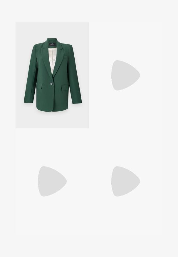 Green tailored blazer with notch lapels, single button closure, two front pockets, and a satin inner lining. Smooth fabric texture.; Olive green, short-sleeve top made of lightweight fabric, featuring a loose fit and a straight hem. Minimalistic design with rounded neckline.; Beige wide-leg trousers with a smooth texture, featuring a high waistband and two front pockets. Clean design with a tailored fit.; Black leather loafers with a smooth finish, stitched detailing around the toe, and a low rubber sole. Paired with wide black trousers.