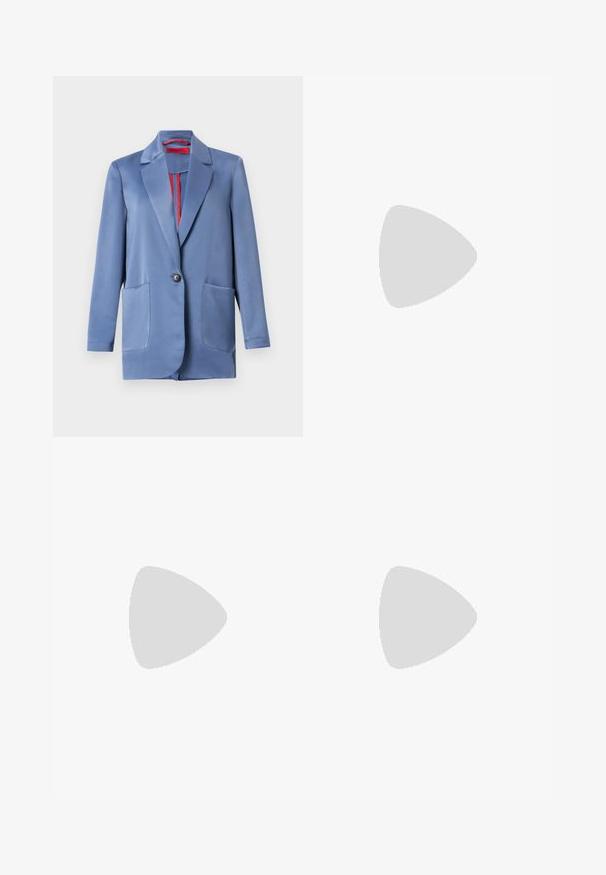 Blue satin blazer featuring a two-button closure, notched lapels, and two front pockets. The interior has a contrasting red lining.; Cropped white t-shirt made of soft fabric, featuring short sleeves, a round neckline, and ribbed hem details. Simple and unembellished design.; Black wide-leg trousers with a smooth texture, featuring a high waistband and center pleats. No visible patterns or hardware details.; Black patent leather slingback pump with pointed toe, slim heel, and a subtle cutout design. Features a gold buckle on the strap.