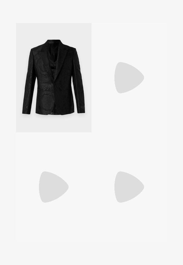 Black tuxedo jacket with ornate floral pattern, smooth texture, peak lapel, single button closure, and side pockets. Tailored fit.; White long-sleeve shirt with a round neckline, made from a lightweight, slightly textured fabric; features rolled cuffs and a relaxed fit.; Black denim jeans with a straight leg design, five pockets, metal button closure, and subtle stitching details. Smooth texture and solid color.; Black leather ankle boot with a pointed toe, minimal stitching details, a mid-height block heel, and a smooth, polished finish.; Black rectangular sunglasses with dark lenses. Plastic frame with a matte finish. Gold accents on the arms and logo branding.
