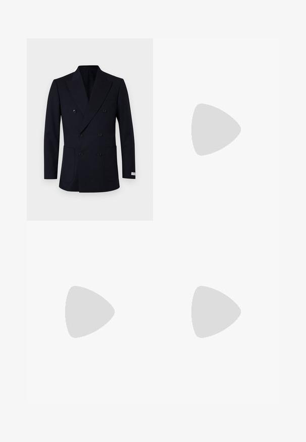 Blazer marine à double boutonnage avec des rayures verticales, doté de deux poches avant, de larges revers et de boutons noirs.; Chemise blanche à manches longues avec boutons en coton, présentant une poche poitrine avec broderie ton sur ton, un col et des poignets boutonnés.; Tiger of Sweden TREYTON - Pantalon classique - dark ink; Stuart Weitzman CLUB CLASSIC PENNY LOAFER - Mocassins de ville - black