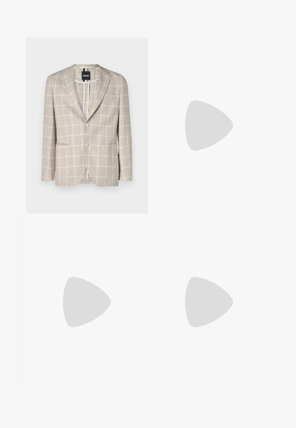 BOSS JAYE ELBOW - Colbert - open white; Zwarte pullover trui met een ritskraag, lange mouwen, ribgebreide manchetten en zoom, gemaakt van een zachte, gladde stof.; Grijze op maat gemaakte broeken met een gladde textuur, rechte pijpen, sluiting met één knop en voorzakken. Geen zichtbare patronen of accenten.; Witte sneakers met een gladde synthetische bovenkant, ronde neus, zes oogjes voor veters en een lage rubberen zool met textuurdetails.; Ray-Ban zonnebrillen met groene lenzen, zwarte plastic monturen en gouden accenten aan de randen. Vierkante vorm met een matte afwerking.