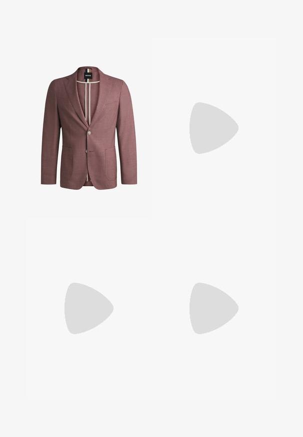 Skräddarsydd blazer i ljus burgundy tyg, med två framfickor, enkelknäppt knäppning och kontrasterande inre randar.; Vit långärmad skjorta med knappar och spetsig krage, med en slät yta och sju knappar fram.; Mörkblå byxor med slim fit och ränder. Har dragkedja, bälteshällor och framfickor. Slät tygliknande struktur.; Svart syntetiska loafers med en framträdande söm på framsidan, vadderad sula och platt gummiyttersula; elegant design med minimalt detaljerad.