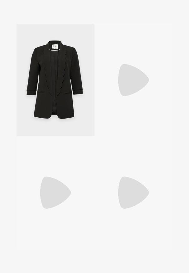 ONLY ONLELLY 3/4 LIFE SCALLOP - Bleiser - black; Must be liikuvate detailidega kleit, millel on ümar kaelus ja rippuvad detailid õlgadel ja mansettides.; Heledad sinine laia säärega teksapüksid, mis on valmistatud denimist, kõrge vöökoht, viis taskut ja nähtav õmblemine õmbluste ääres.; Mustad mustad nahast pahkluu saapad ümarate varvastega, nööridega esiosas ja paksu kummist talla ning tekstuuritud mustriga. Tagumine tõmbeaas.; Must haben musta nahkklahviga kott, millel on klapp ja kuldne metallist pandla detail. Kaasas must rihm ja stiilne, minimalistlik disain.; Kulla värvi nõelad, õhukesed ja ümmargused, millel on sile metallist pind ja ilma kaunistuste või mustriteta.