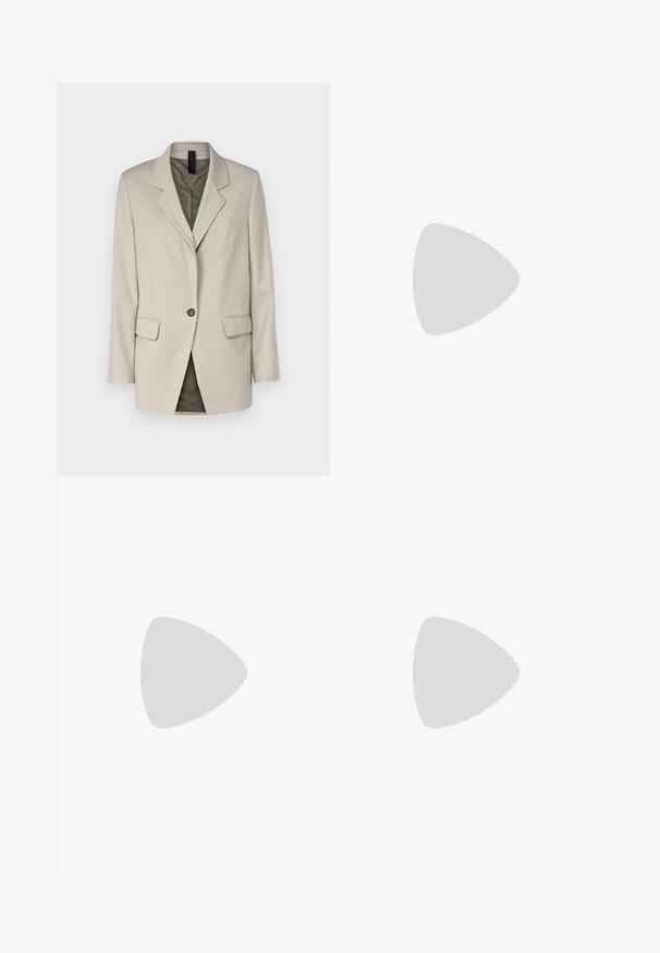 Beige blazer with a notched lapel, single button closure, two front pockets, and a smooth finish. Interior lined in a contrasting color.; White cropped T-shirt, short wide sleeves, soft cotton material, round neckline with subtle orange trim, minimal design, no patterns or graphics.; Black trousers with a straight fit, featuring double pleats, a smooth texture, and a classic waistband design. No visible hardware or accents.; Black leather ankle boots with a block heel, featuring elastic side panels. Paired with black pants that have a white side stripe.