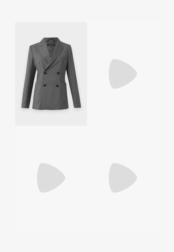 Blazer grigio doppiopetto con ampi rever, quattro bottoni neri, due tasche anteriori a toppa e maniche lunghe, mostrato su uno sfondo bianco.; Maglione grigio a maniche lunghe in morbido tessuto a maglia. Presenta un collo a giro, polsini e orlo a coste, con una vestibilità rilassata e una costruzione senza cuciture.; Pantaloni neri sartoriali con un design a gamba dritta e ampia, caratterizzati da una superficie liscia e un fronte piatto con passanti per la cintura.; Scarpa con tacco alto in pelle nera, con punta affilata e tacco arrotondato e bombato. Texture liscia con un design elegante e minimalista.