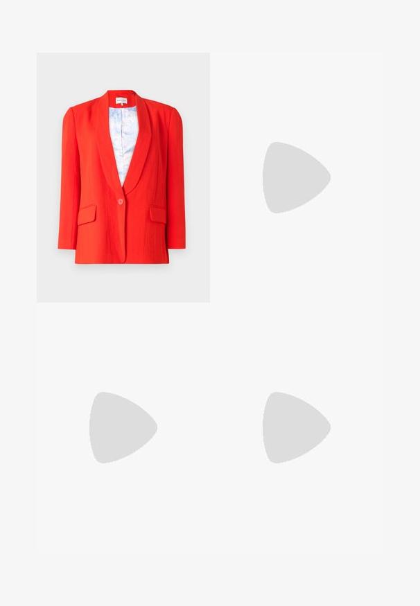Red blazer with a structured design, featuring a single button closure, two front pockets, and a light floral-patterned lining.; White long-sleeve blouse made of smooth fabric, featuring a tie at the neck and tailored cuffs. Simple, classic design without patterns.; Light blue denim wide-leg jeans with a high waist, visible stitching, and standard pockets. Features a button and zip fly closure.; White sneaker featuring smooth synthetic material, round toe, flat rubber sole, and subtle logo detail on the side and heel.; Sunglasses with a gold metal frame, green lenses, rectangular shape, and clear plastic nose pads. Thin, slender temples with minimal design.