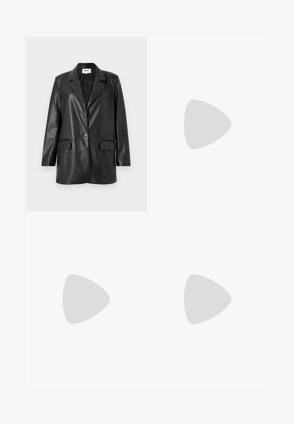 Black faux leather blazer with a notched collar, single button closure, two front pockets, and a chest pocket. Smooth texture and tailored fit.; White T-shirt made of soft, lightweight fabric. Features a round neckline and short, wide sleeves with a relaxed fit. No visible patterns.; Black trousers with a straight fit, featuring front pockets and side slits at the hem. Made of soft, smooth fabric. Suitable for various occasions.; Black knee-high boots made of smooth leather, featuring a pointed toe, a block heel, and a V-shaped cutout at the top.