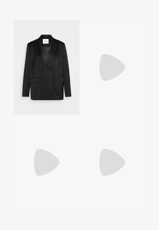Black blazer made of smooth fabric, featuring a notched lapel, single button closure, and two front pockets.  Tailored silhouette and classic design.; White cotton t-shirt with short sleeves and a round neckline. Features a small red Levi's logo on the left chest area.; Black denim trousers with a straight cut, five pockets, metal button and rivets, smooth texture, and double-stitched hem.; White platform sneakers with a smooth leather texture, perforated detailing, and flat laces; features a thick white rubber sole.