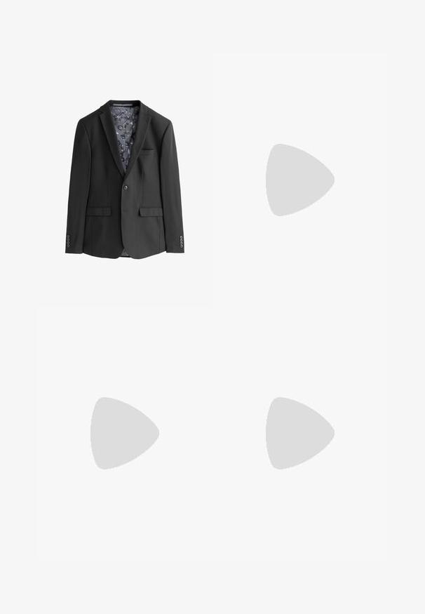 Black blazer with a slim fit, single button closure, two front pockets, and a patterned fabric lining featuring floral designs.; Black turtleneck sweater in a soft knit fabric. Features long sleeves and a fitted design with a ribbed collar and hem. Minimal branding.; Black trousers with a tailored fit, featuring a smooth texture and straight leg design. The waistband has belt loops and a clean finish.; Black patent leather dress shoe with a rounded toe, lace-up design, and smooth, shiny surface. Features a low-profile rubber sole.
