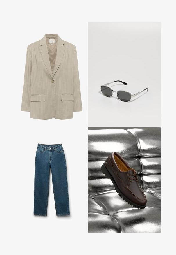 Blazer rayé beige avec un revers cranté, fermeture à un bouton et deux poches avant. Fabriqué dans un tissu texturé, il possède une doublure intérieure lisse.; Camisole blanche sans manches en tissu lisse, dotée de fines bretelles et d'une coupe ajustée avec un ourlet droit. Pas de motifs ou d'accents supplémentaires.; Jean en denim bleu foncé avec une coupe droite, style cinq poches, fermeture à bouton et détails de couture visibles.; Bateau en cuir marron avec semelle en caoutchouc noir reposant sur une surface métallique argentée brillante et capitonnée.; Lunettes de soleil avec des verres gris, monture en métal argenté slim, accents transparents et embouts noirs sur les branches. Elles ont une forme ovale.; Sac à main en cuir synthétique crocodile blanc, à deux poignées, de forme rectangulaire et avec une fermeture éclair. Exposé sur un fond clair.