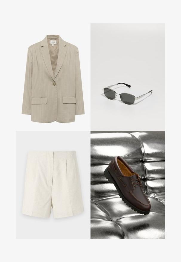 Bež prugasti sako s reverom, zatvaranjem na jedan dugme i dva prednja džepa. Izrađen od teksturiranog materijala, ima glatku unutrašnju podstavu.; Bijela majica bez rukava izrađena od glatkog materijala, s tankim naramenicama i uskim krojem s ravnim rubom. Bez dodatnih uzoraka ili naglasaka.; Bež kratke hlače od platna s teksturiranim završetkom, koje imaju prilagođeni dizajn, nabore sprijeda i ravni kroj.; Smeđe kožne brodske cipele s crnim gumenim đonom odmaraju se na sjajnoj metalik srebrnoj tapeciranoj površini.; Naočale sa sivim staklima, tankim srebrnim metalnim okvirom, prozirnim akcentima i crnim vrhovima na drškama. Imaju ovalni oblik.; Bijela torbica od krokodilske kože s dva ručka, pravokutnog oblika i zatvaranjem na rajsferšlus. Prikazana na svijetloj pozadini.