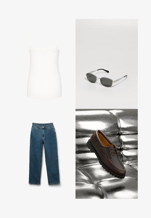 Beige gestreifter Blazer mit Reverskragen, einreihigem Knopfverschluss und zwei Fronttaschen. Hergestellt aus einem strukturierten Stoff, verfügt er über ein glattes Innenfutter.; Weiße ärmellose Camisole aus glattem Stoff, mit dünnen Trägern und einem taillierten Design mit geradem Saum. Keine zusätzlichen Muster oder Akzente.; Dunkelblaue Denim-Jeans mit gerader Beinform, Fünf-Taschen-Stil, Knopfverschluss und sichtbaren Nähten.; Braune Lederbootsschuhe mit schwarzer Gummisohle, die auf einer glänzenden metallischen silbernen gepolsterten Oberfläche ruhen.; Sonnenbrille mit grauen Gläsern, schlankem silbernem Metallrahmen, transparenten Akzenten und schwarzen Spitzen an den Bügeln. Hat eine ovale Form.