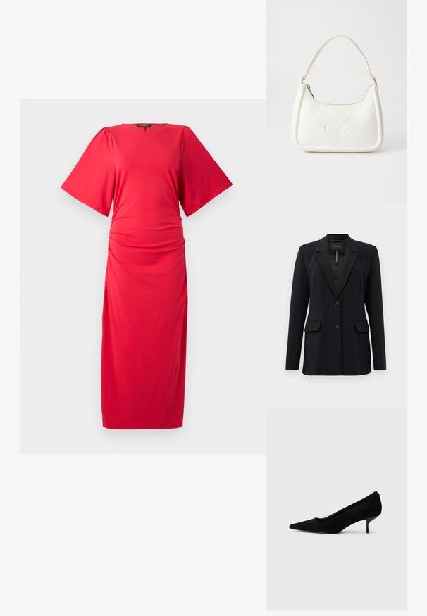 Černý saka s vyrobeným střihem, klopami do tvaru notche, dvěma předními kapsami na klopy, dvěma knoflíky a náprsní kapsou, označeno GUESS uvnitř límce.; Červené midi šaty s krátkými širokými rukávy, kulatým výstřihem a nařasením v pase, vybavené hladkým, elastickým materiálem.; Černá semišová dámská vysoká bota s špičatou špičkou a štíhlým, nízkým podpatkem. Hladký povrch s elegantním designem, bez viditelného kování.; Bílá kožená kabelka s křivkovým tvarem, na přední straně s vyraženým logem "CK" a jediným ramenním popruhem. Zipový uzávěr na vrchu.